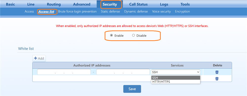 access list on hx402g